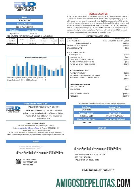 Para baixar modelo de conta de serviços públicos comerciais de Fallbrook dos EUA em formatos Word e PDF